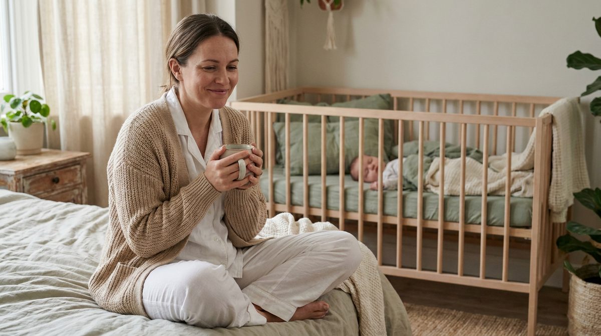 Mutter mit Baby im warmen Morgenlicht zu Hause